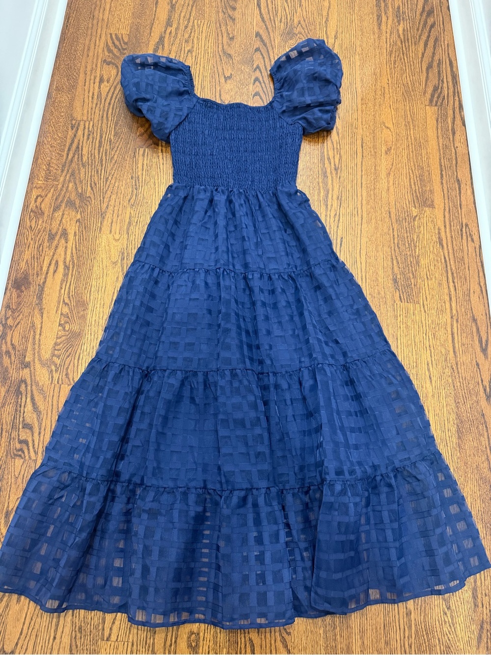 Smocked Puff-Sleeve Navy Maxi Dress